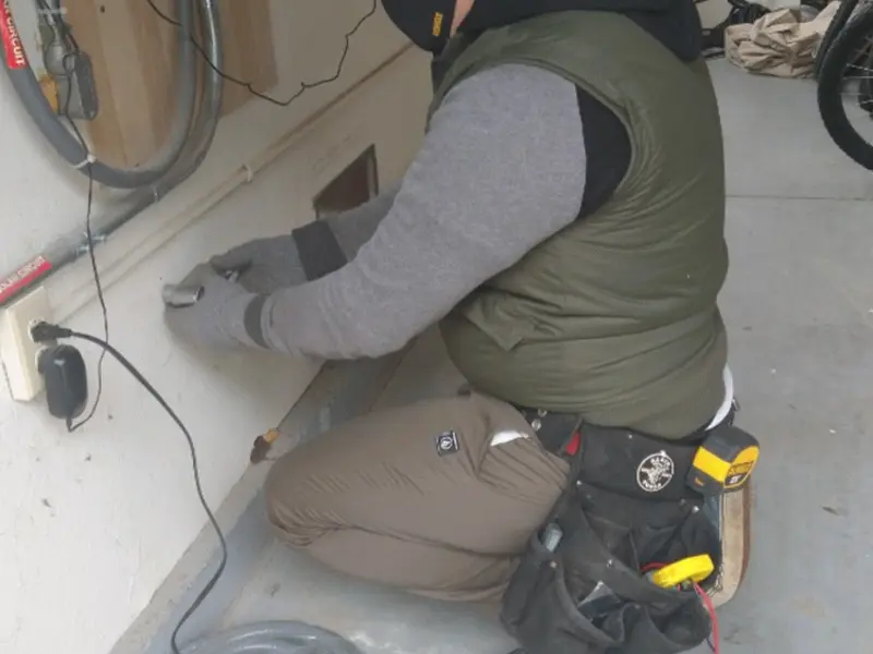 Electrician performing outlet wiring in a Plainfield garage
